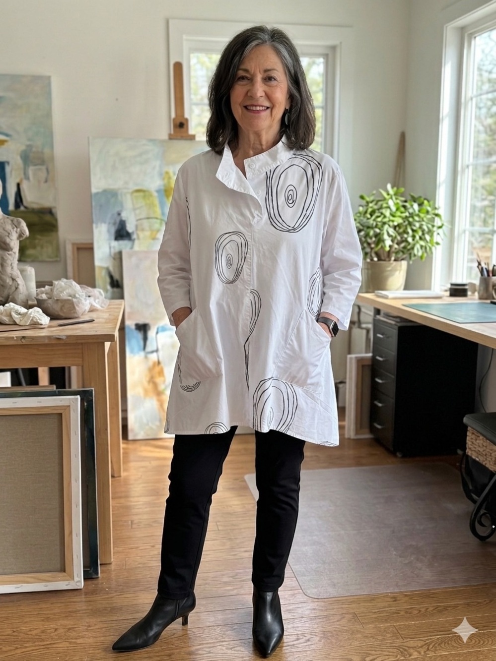 White Longline Tunic Top with Black Graphic Swirl Detail